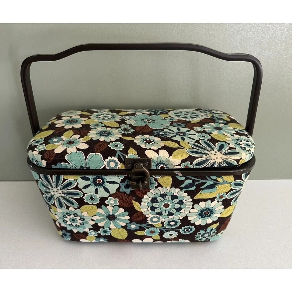 Vintage Dritz Sewing Box Basket Blue & Brown Floral Fabric With Tray Latch Retro